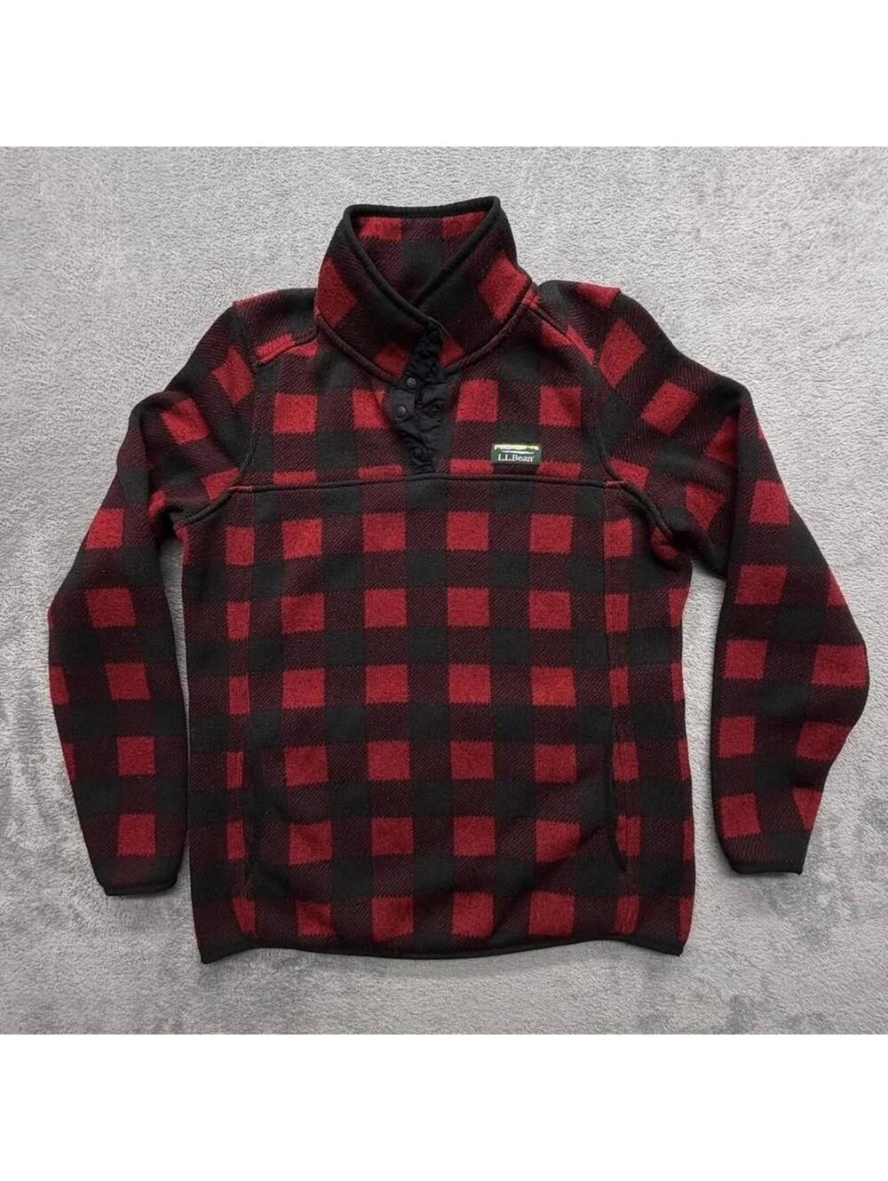 L.L. Bean Red Buffalo Plaid Fleece Pullover Womens S Snap Mock Neck Cozy Sweater
